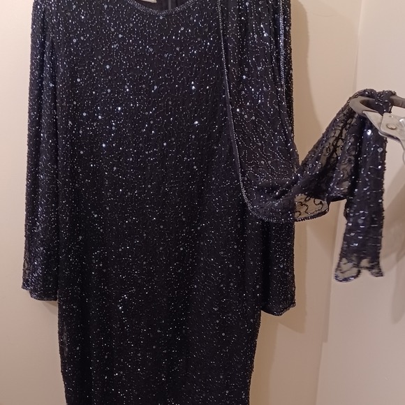 Stunning Vintage Judith Ann Beaded Sequined Formal Dress Attached Shoulder Scarf - Picture 2 of 7